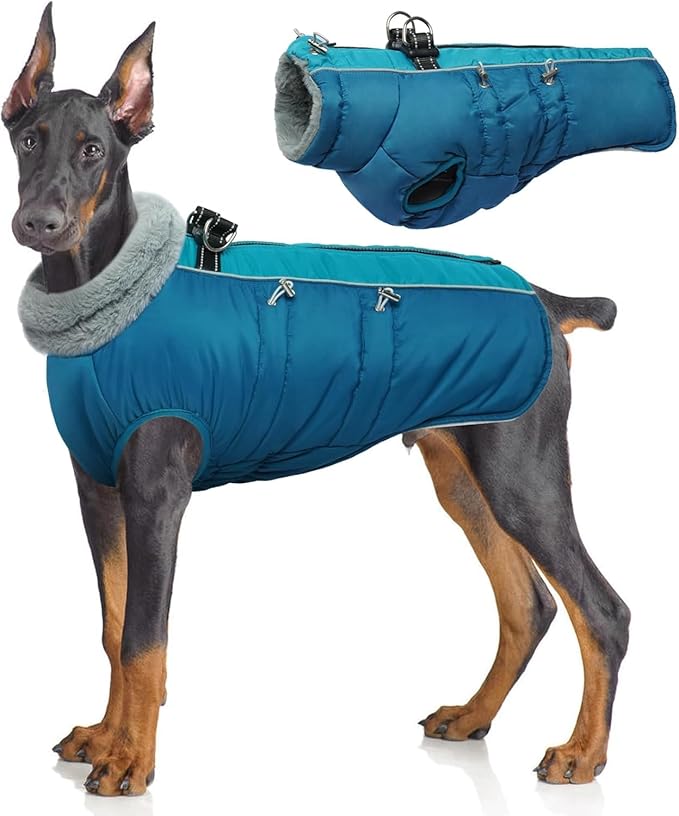 IDOMIK Warm Dog Coat with Harness Built-in, Thick Fleece Dog Winter Jacket with High Collar&Zipper, Waterproof Reflective Dogs Cold Weather Coats for Large Dogs, Pet Snow Jacket Vest(Blue,2XL)