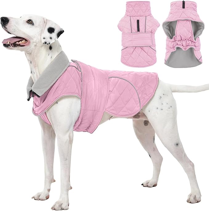 Kuoser Dog Coat, Extra Warm Dog Jacket Windproof Dogs Cold Weather Coats for Large Dogs, Fleece Lining Turtleneck Puppy Snowsuit Reflective Adjustable Pet Winter Clothes Christmas, Pink L