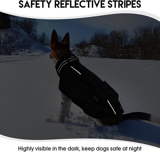 Dora Bridal Dog Winter Coat with Harness Built in, Warm Windproof Reflective Dogs Jacket for Extra Large Dogs, Pet Vest with Molle Panels and 3 Pouches for Male Dog, Black, 3XL