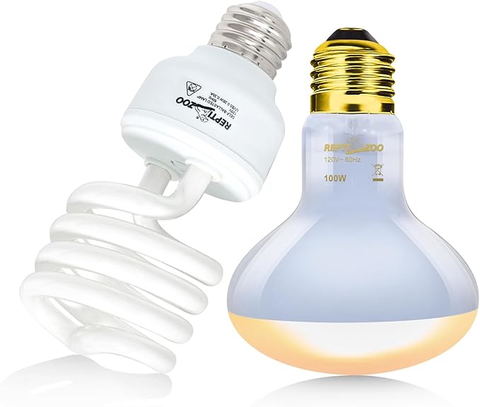 REPTI ZOO Dual Reptile Light Fixture Reptile Heat Lamp Combo Pack, 100W UVA Daylight Basking Spot Light and 26W UVA UVB Reptile Light Energy Saving Spiral Compact Lamp UVB Bulb 5.0