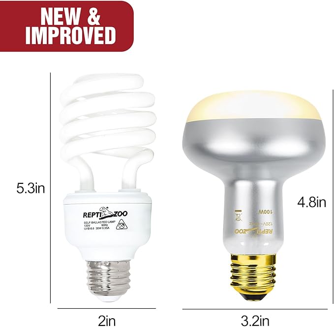 REPTI ZOO Reptile Heat Lamp Bulb and UVB 10.0 Reptile Light Combo Pack, 100W Intense Basking Spot Light UVA Heat Lamp Bulb, 26W Energy Saving UVA UVB Bulb Spiral Compact Bulb