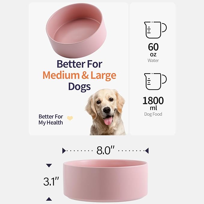 Pink Elevated/Raised Dog Bowl Ceramic for Medium Large Sized Breed,Dog Food Water Bowl with Stand,8 in 7.6 Cups Non Slip Heavy Weighted Dog Dish