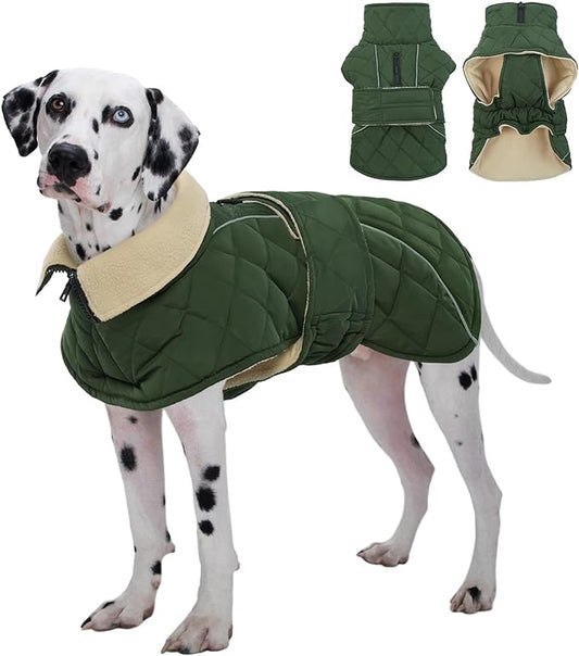Kuoser Super-Warm Dog Jacket, Windproof Fleece Lined Turtleneck Dog Snowsuit with Reflective Strips, Soft & Adjustable Quilted Puppy Winter Coat Pet Christmas Clothes, Green 3XL