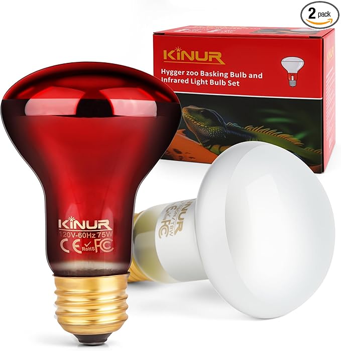 KINUR 2 Pack 75W Reptile Heat Lamp Bulbs, Reptile Day and Night Basking Spot Bulb Combo Amphibian Infrared Heat Lamp Bulb/UVA Basking Spot Daylight Heating Light Bulb