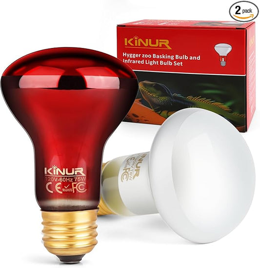 KINUR 2 Pack 75W Reptile Heat Lamp Bulbs, Reptile Day and Night Basking Spot Bulb Combo Amphibian Infrared Heat Lamp Bulb/UVA Basking Spot Daylight Heating Light Bulb
