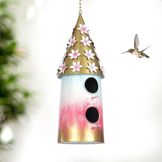 BAYN Hanging Bird House for Outside, 2 Story Double Hole Metal Birdhouse for Outdoor Hanging Handwork Bird Nest Decorative Garden Decor Outdoor
