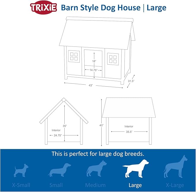 TRIXIE Natura Barn Style Dog House – Large Dog House Outdoor with Weatherproof Sealer & Peaked Roof, Wooden Dog House with Adjustable Legs for Medium- to Large-Sized Dogs – 43 x 31.5 x 40 in