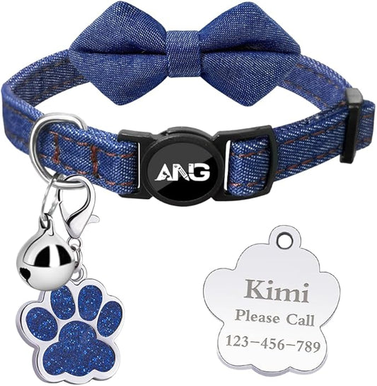 Personalized Breakaway Cat Collars - ID Tag, Bell, Bowtie - Safety Quick-Release, Customized for Girls & Boys Cats (Jean Pattern-Deep Blue)