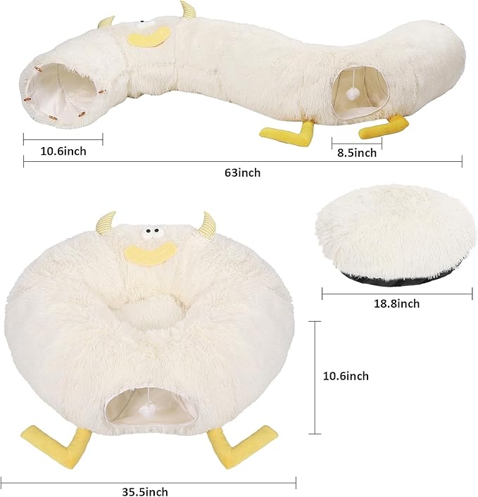 Cat Tunnel Bed for Indoor Cats - Cute Cat Donut Tunnel with Washable Circle Cushion - Multi-Purpose Cat Bed & Peekabo Cave, Pet Playground Toys for Kittens, Puppy, Rabbit (White)