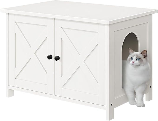 JY QAQA Cat Litter Box Enclosure,Litter Box Furniture Hidden with Barn Door,Wooden Cat Washroom Furniture,Cat House,Fit Most of Litter Box,White