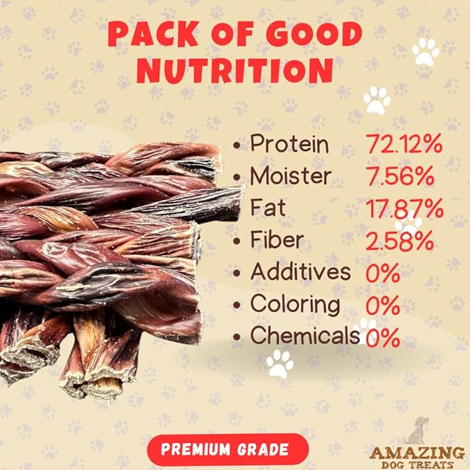 Amazing Dog Treats - 6 Inch Braided Gullet Stick (8 Pc/Pack) - Dog Jerky Treats - Beef Esophagus -Gullet for Dogs - Beef Esophagus Dog Treats