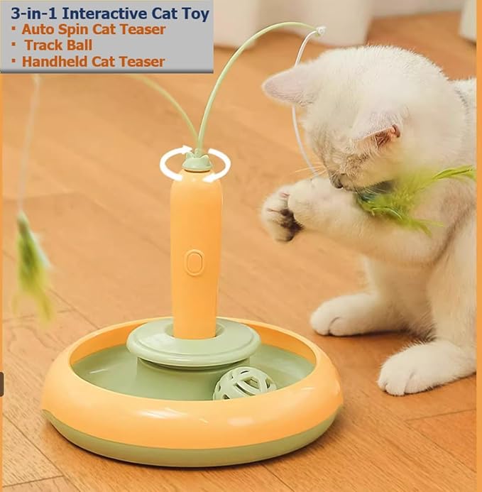 Interactive Cat Toys for Bored Indoor Cats,Automatic Cat Toy 3-in-1 Smart Teaser Wand Featuring Spinning Feather&Rolling Ball Track,Cats Dancer Toy Stimulates Hunting Instincts,Weight Control