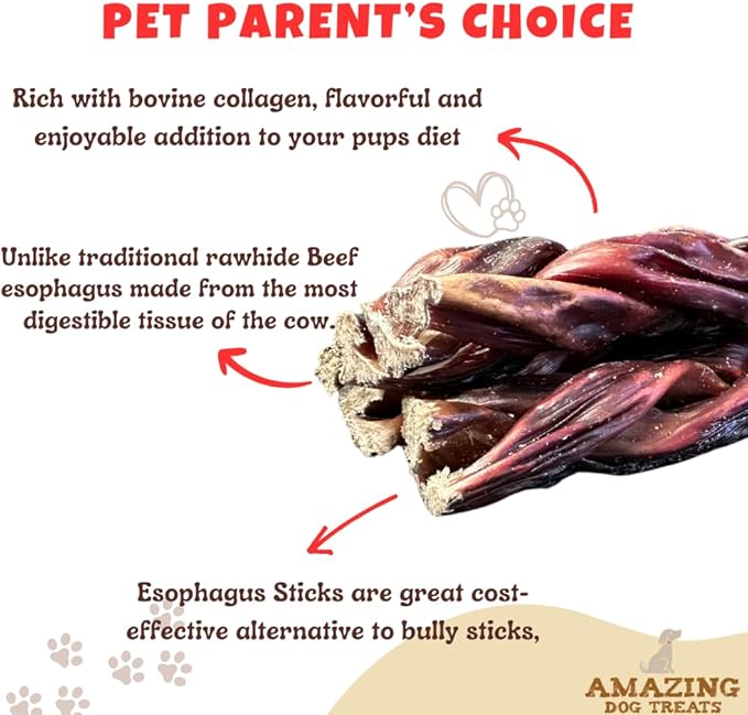 Amazing Dog Treats - 6 Inch Braided Gullet Stick (8 Pc/Pack) - Dog Jerky Treats - Beef Esophagus -Gullet for Dogs - Beef Esophagus Dog Treats