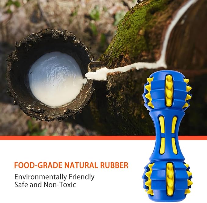 AUSCAT Teething Dog Toys, Durable Squeaky Dog Toys, Rubber Chew Toys for Dogs, Dumbbell Shape, Blue and Black