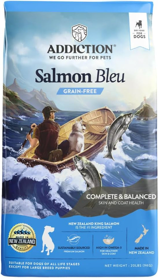 Addiction Salmon Bleu Grain-Free Dry Dog Food - Rich in Prebiotics to Support Skin, Coat & Cognitive Health - Salmon Recipe for All Dog Life Stages - Made in New Zealand 20 lb