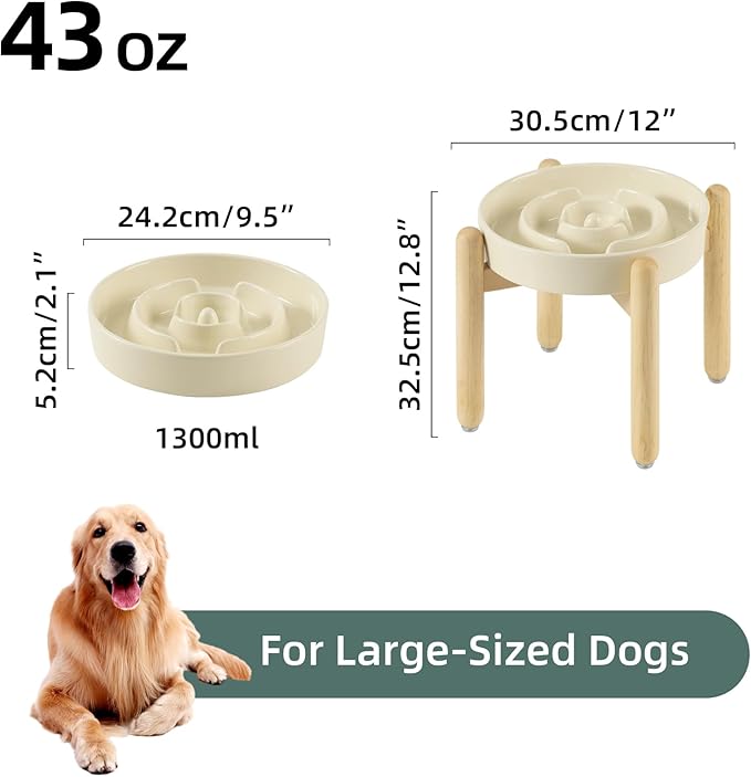 9.5inch Ceramic Raised Slow Feeder Dog Bowl Set, Elevated Bowl with Wooden Stand for Large Dog, Puzzle Slow Pet Food Dish, Anti-Gulping(Beige, Single Bowl+ Stand)