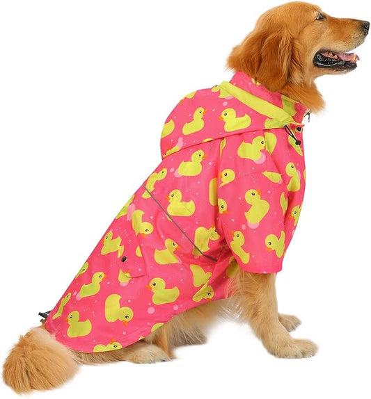 HDE Dog Raincoat Poncho Double Layer Zip Rain Jacket with Removable Hood, Leash Hole for Small to 3XL Dogs and Puppies Ducks Pink - 2XL