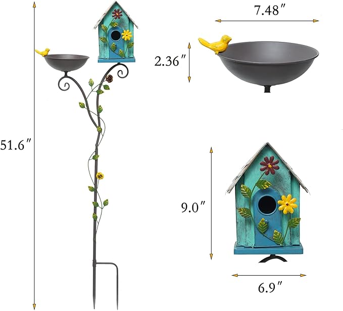 52" H Metal Bird Bath, Bird House for Outdoors, Birdbath Bowl and Birdhouses with Pole for Outside Garden Yard Decoration Bird Feeder Seed Tray