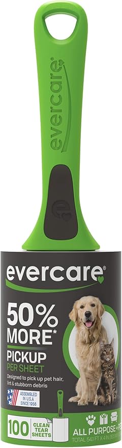 Evercare All Purpose Pet Hair Lint Rollers, 3 Pack, 100 Sheets Each – Reusable Sticky Roller for Pet Hair, Cat & Dog Hair Remover, Lint Remover, Pet Hair Remover for Furniture, Clothing & Cars