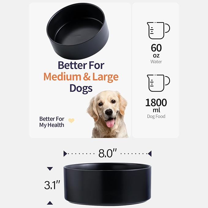 Black Elevated/Raised Dog Bowl Ceramic for Medium Large Sized Breed,Dog Food Water Bowl with Stand,8 in 7.6 Cups Non Slip Heavy Weighted Dog Dish