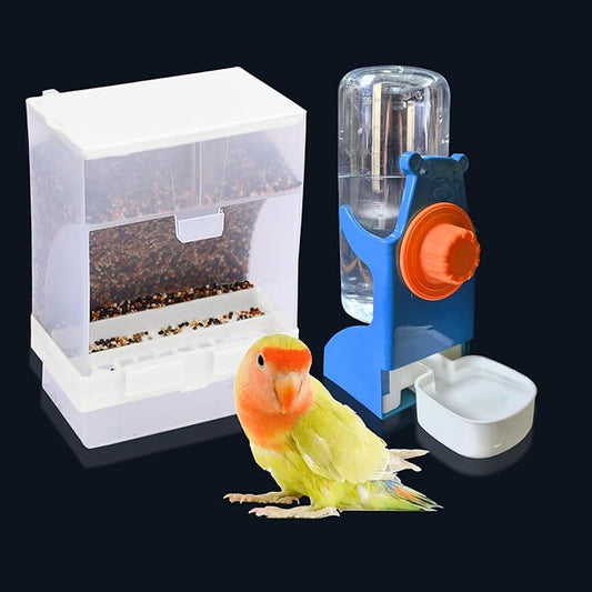 PINVNBY 2 PCS No Mess Bird Feeder Water Dispenser Set, Automatic Birds Water Feeder, Parakeet Seed Food Feeding Drinker for Cage, Plastic Parrot Feeder Accessories for Parakeets Cockatiel Lovebird