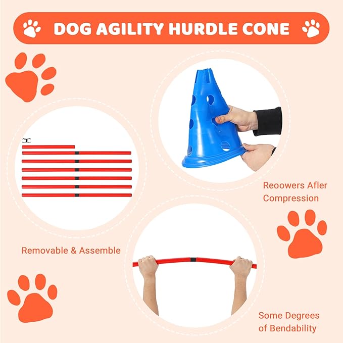 Dog Agility Hurdle Cone Set, Dog Training Equipment with 12 Agility Cones 6 Agility Rods 2 Rod Buckles, Pet Agility Course Set Puppy Obstacle Course Jump with Storage Bag for Outdoor