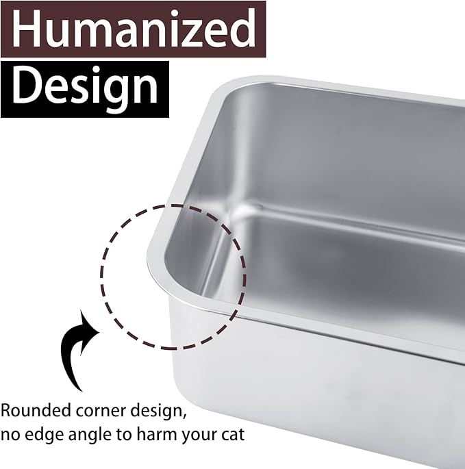 Stainless Steel Cat Litter Box for Adult Cats or Kitty/Kitten 18"x14"x6" Rust-Proof, High Side, Non Stick, No Smell, Easy to Clean Metal Cat Litter Box