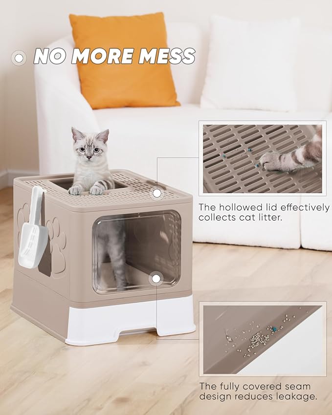 Enclosed Cat Litter Box, Large Litter Box for Big Cats, Covered Kitty Litter Boxes with Lid, Top Entry Cat Box Enclosure with Scoop, Odor Control, Easy to Clean(Coffee)