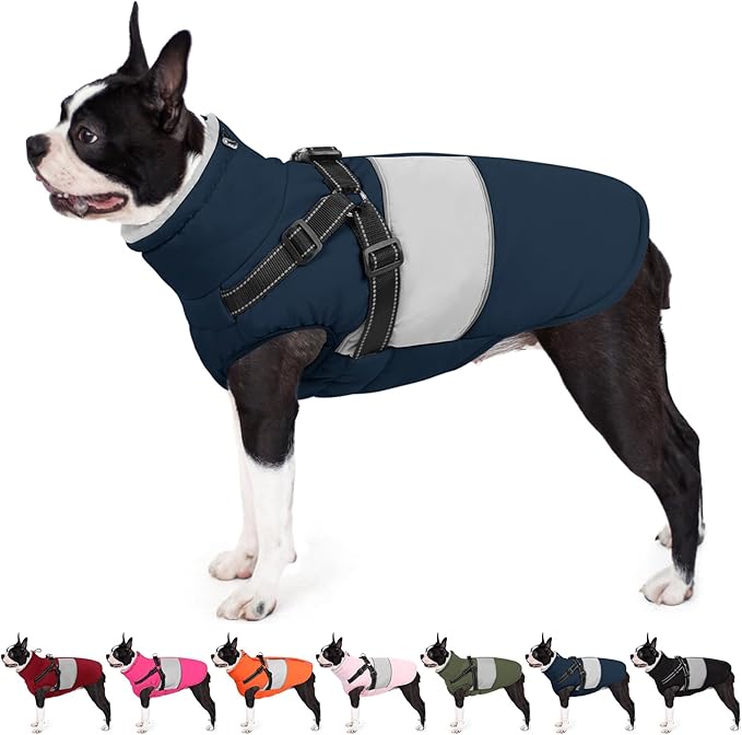 AOFITEE Dog Coat, Waterproof Dog Jacket Winter, Dogs Coat with Harness Built in, Warm Dogs Puffer Jacket with Zipper, Reflective Pet Snowsuit Sweater for Dachshund, French Bulldog, Boston Terrier, M