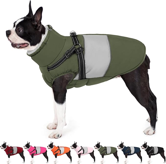 AOFITEE Dog Coat, Waterproof Dog Jacket Winter, Dogs Coat with Harness Built in, Warm Dogs Puffer Jacket with Zipper, Reflective Pet Snowsuit Sweater for Dachshund, French Bulldog, Boston Terrier, M