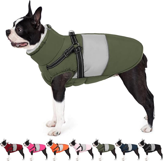 AOFITEE Dog Coat, Waterproof Dog Jacket Winter, Dogs Coat with Harness Built in, Warm Dogs Puffer Jacket with Zipper, Reflective Pet Snowsuit Sweater for Dachshund, French Bulldog, Boston Terrier, M