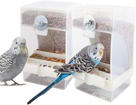 PINVNBY 2 PCS No Mess Bird Feeder, Automatic Bird Feeder for Cage, Seed Food Container Cage Accessories for Parrot Budgerigar Canary Cockatiel Finch Parakeet Green Cheek Conures Parrotlets Lovebirds
