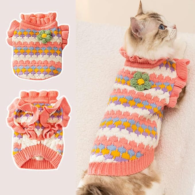 Dog Sweater, Knitted Tulip Cat Sweater, Warm Thick Holiday Puppy Clothes for Girl, Cold Weather Outfit for Kitten Chihuahua Yorkie Teacup Dachshund Pug (Pink, Small)