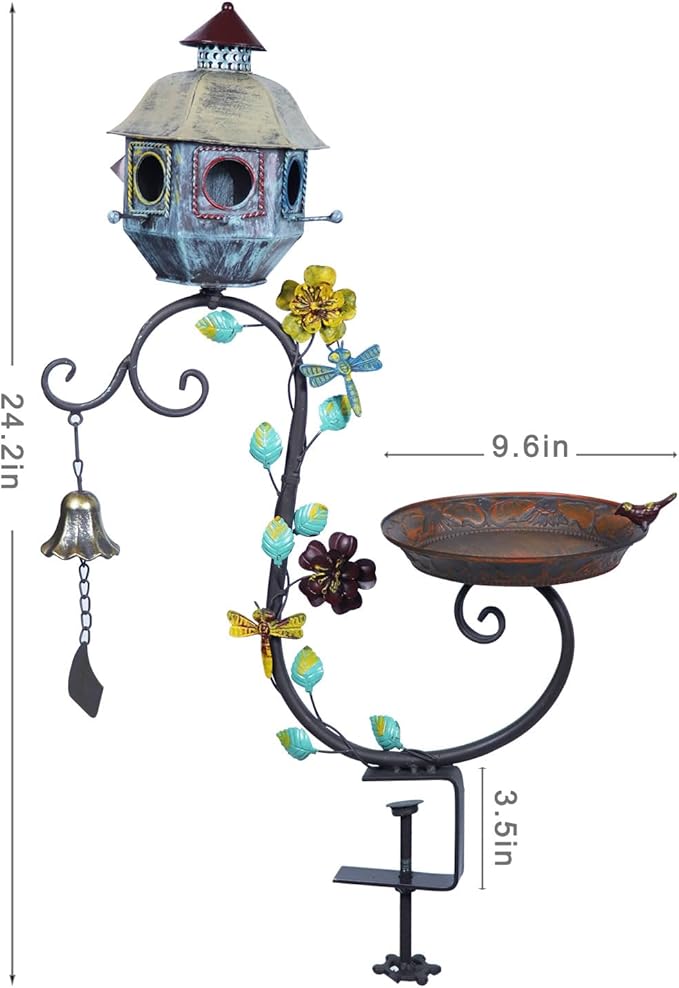 Deck Bird Bath, Metal Bird Bath and Bird Houses, Decorative Deck Mounted Bird Baths, Detachable and Adjustable Sturdy Deck Bird Bath for Outdoor Porch Yard Garden Decoration