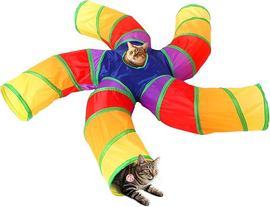 Pet Cat Tunnel, 5 Way Tunnels for Indoor Cats, Collapsible Pet Tunnel for Kitten, Puppy, Rabbit, 25cm-Wide Tunnels, Durable & Breathable, with Peek Hole Toy Ball