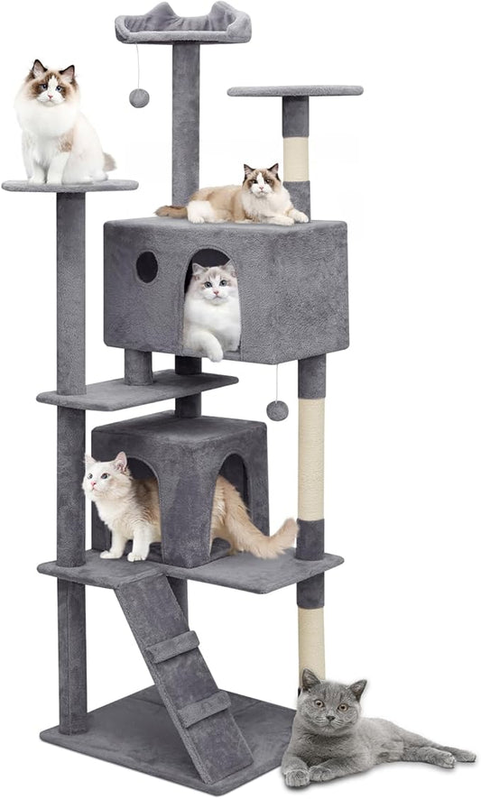 Athena Collection Modern Cat Tree Tower, 77 Inch Tall Cat Tree Climbing Tower with Scratching Post 2 Condo Multi-Level Activity Center and Playing Ball for Indoor Large Adult, Dark Grey
