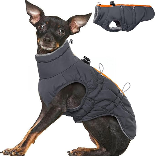 Small Dog Coat - Winter Jacket, Warm Zip Up Snowsuit, Reflective, Water-Resistant, Orange-Gray for Small Dogs, Yorkie, Toy Poodle