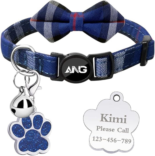 Personalized Breakaway Cat Collars - ID Tag, Bell, Bowtie - Safety Quick-Release, Customized for Girls & Boys Cats (British Tartan-Blue)