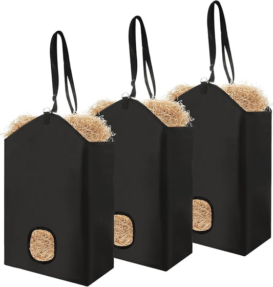 3 Pack Hay Bag for Horse - 18.11 x 7.08 x 13.78 Inch Open Feed Hole Hay Feeder for Slow Feeding - Premium 600D Oxford Cloth with Metal Ring and Adjustable Strap for Goat, Donkeys, Sheep