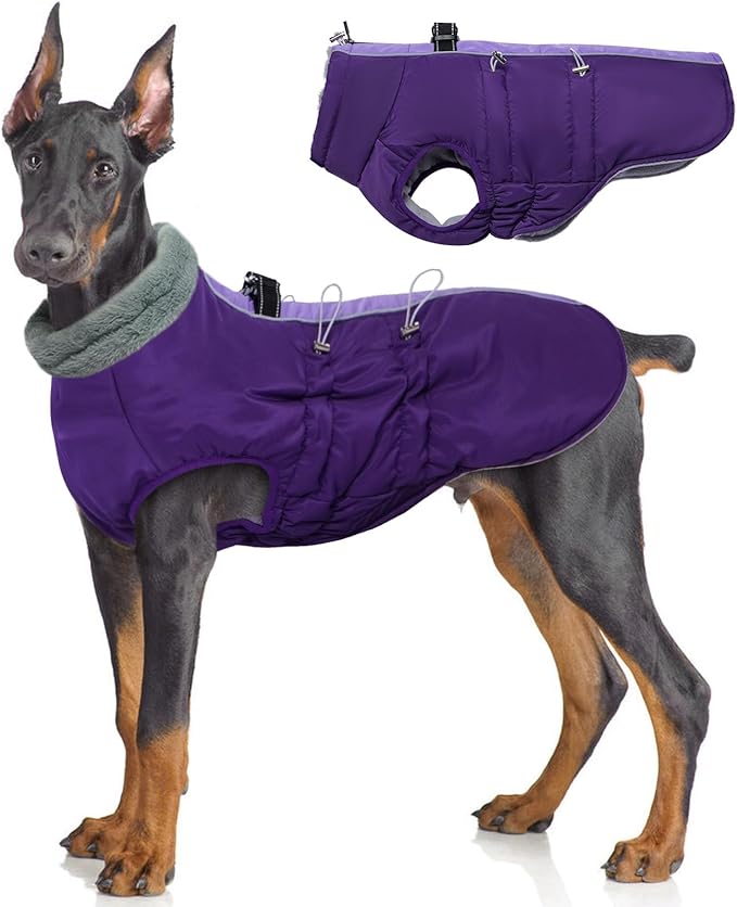IDOMIK Warm Dog Coat with Harness Built-in, Thick Fleece Dog Winter Jacket with High Collar&Zipper, Waterproof Reflective Dogs Cold Weather Coats for Large Dogs, Pet Snow Jacket Vest(Purple,2XL)