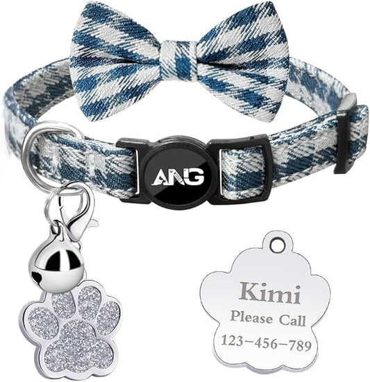 Personalized Breakaway Cat Collars - ID Tag, Bell, Bowtie - Safety Quick-Release, Customized for Girls & Boys Cats (Houndstooth-Blue)