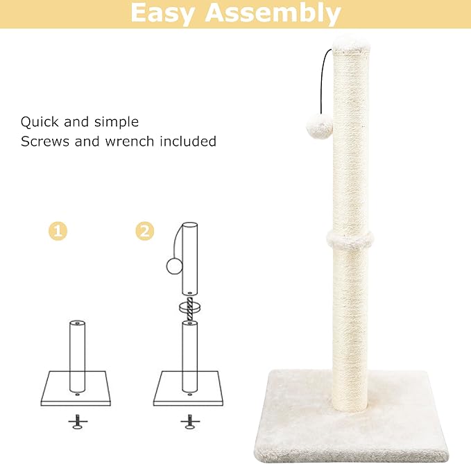 Dimaka 34" Height Tall Cat Scratching Post, Claw Scratcher with Sisal Rope and Covered with Soft Smooth Plush, Vertical Scratch [Full Strectch] Cats (Beige, 34 inches for Large Cats)