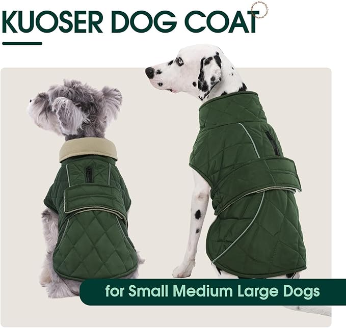 Kuoser Dog Coat, Extra Warm Dog Jacket Quilted Windproof Pet Cold Weather Coats for Small Dogs, Fleece Lining Turtleneck Puppy Snowsuit Reflective Adjustable Winter Clothes, Green S