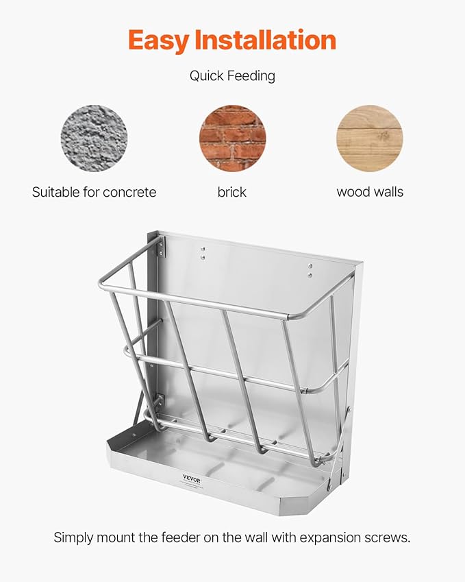 VEVOR Wall Mounted Hay Rack, 18.5 Gallon Livestock Feeder with 2.5 Gallon Feed Tray, 2 in 1 Hay and Grain Feeder, Feeds up to 5 Goats, Heavy-Duty Galvanized Steel Goat Feeders for Farm Sheep Horses