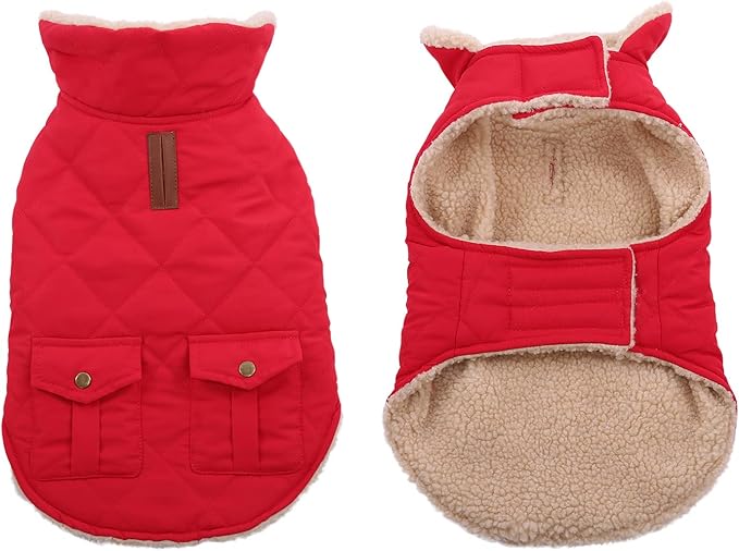 Queenmore Warm Dog Coat, Cold Weather Puffer Jacket with Ultra Thick Plush Lining and Storage Pockets (Red, X-Large)
