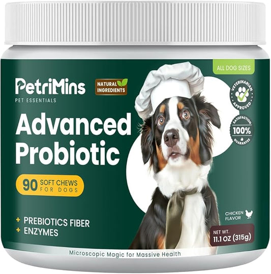Advanced Probiotic for Dogs, Supports Digestive Health, Immune Health, Gut Health, Improves Nutrient Absorption - Six Strains of Probiotics - Inulin - Enzyme Blend, 90-Count, Chicken