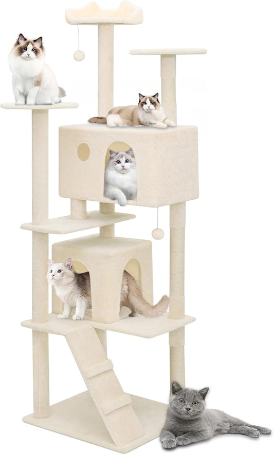 Athena Collection Modern Cat Tree Tower, 77 Inch Tall Cat Tree Climbing Tower with Scratching Post 2 Condo Multi-Level Activity Center and Playing Ball for Indoor Large Adult, Beige