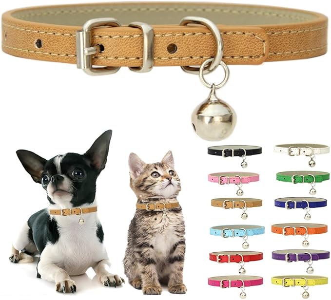 Khaki Puppy Collar with Bell, Soft Pu Leather Cat Collars Adjustable Buckle for XXS XS Extra Small Medium Tiny Female Male Boys Girls Pets Dogs Kitten Teacup Yorkie S
