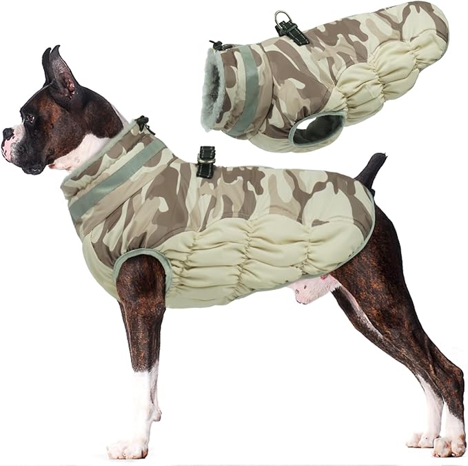 Lelepet Dog Coat Warm Dog Winter Coat Waterproof Dogs Jacket with Harness Built in Reflective Pet Fleece Vest Zip-Up Cold Weather Coats for Large Dogs Turtleneck Windproof Boston Terrier Desert Camo L