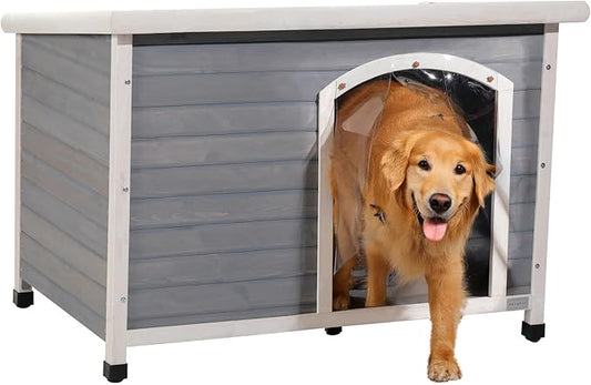 Petsfit Wooden Dog House Extreme Outback Log Cabin Weatherproof Outdoor Pet Kennel, Light Grey, Large/45.6" x 30.9" x 32.1"